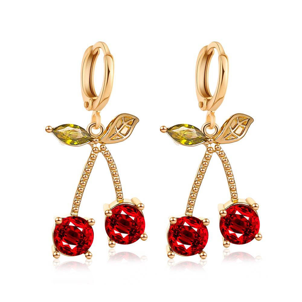 Lusso Festa Cena Nuziale Temperamento Set Zirconi Cristallo Rosso Brillante Ciliegia Cuore Ciondolo Collana e Orecchini Pendenti per Donne