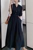 Chubikime Summer Long Short Loose Casual Women's Dress, Sleeve, V-Neck, Midi, A-Line, Black, Slimming, Fit, Formal, Commuting,