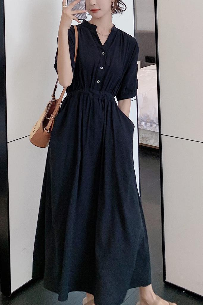 Chubikime Summer Long Short Loose Casual Women's Dress, Sleeve, V-Neck, Midi, A-Line, Black, Slimming, Fit, Formal, Commuting,