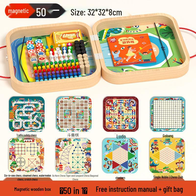 Multifunctional Wooden 7-in-1 Educational Game: Flying Chess & Checkers Set for Kids