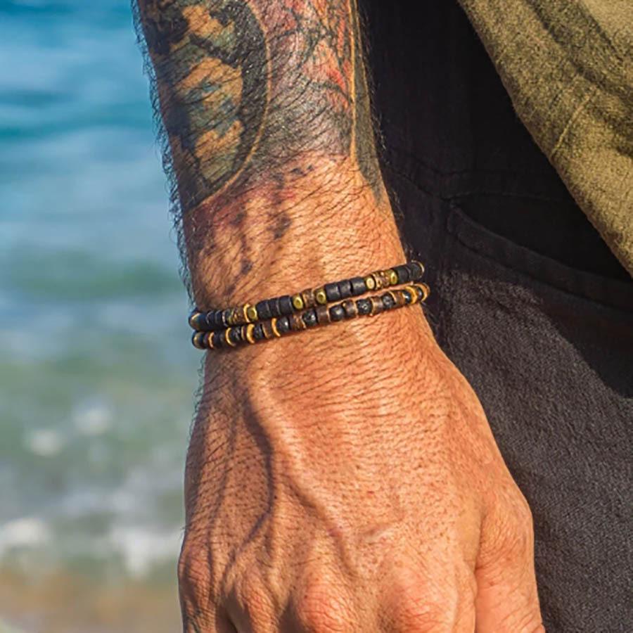Elastic Volcano Stone & Wood Bracelet Set - Retro Coconut Shell Stackable Jewelry for Men & Women