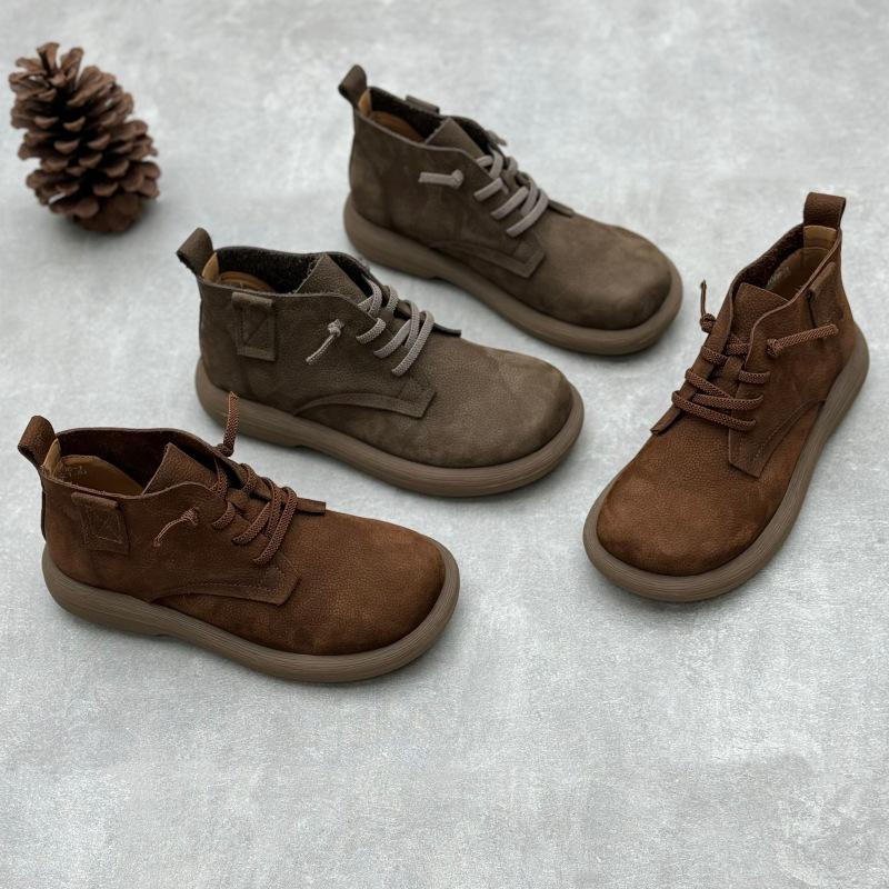 Johnature Retro Handgemachte Kurze Stiefel aus echtem Leder Runde Zehenpartie Gummiband Slip-on Damenschuhe