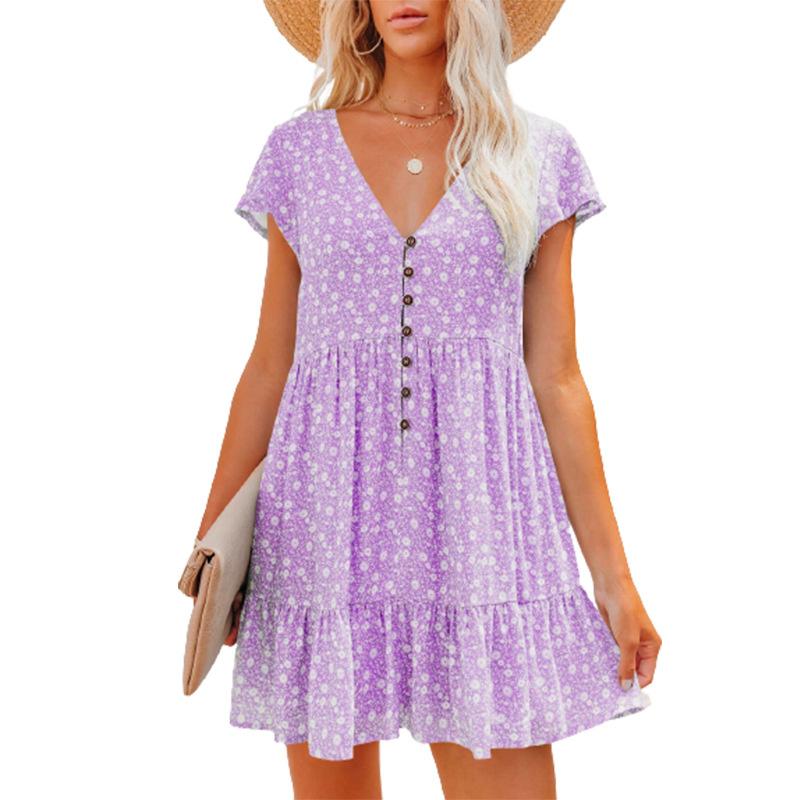 2026 Spring/Summer V-neck Buttoned Floral Short-sleeve Loose Casual Dress for Women