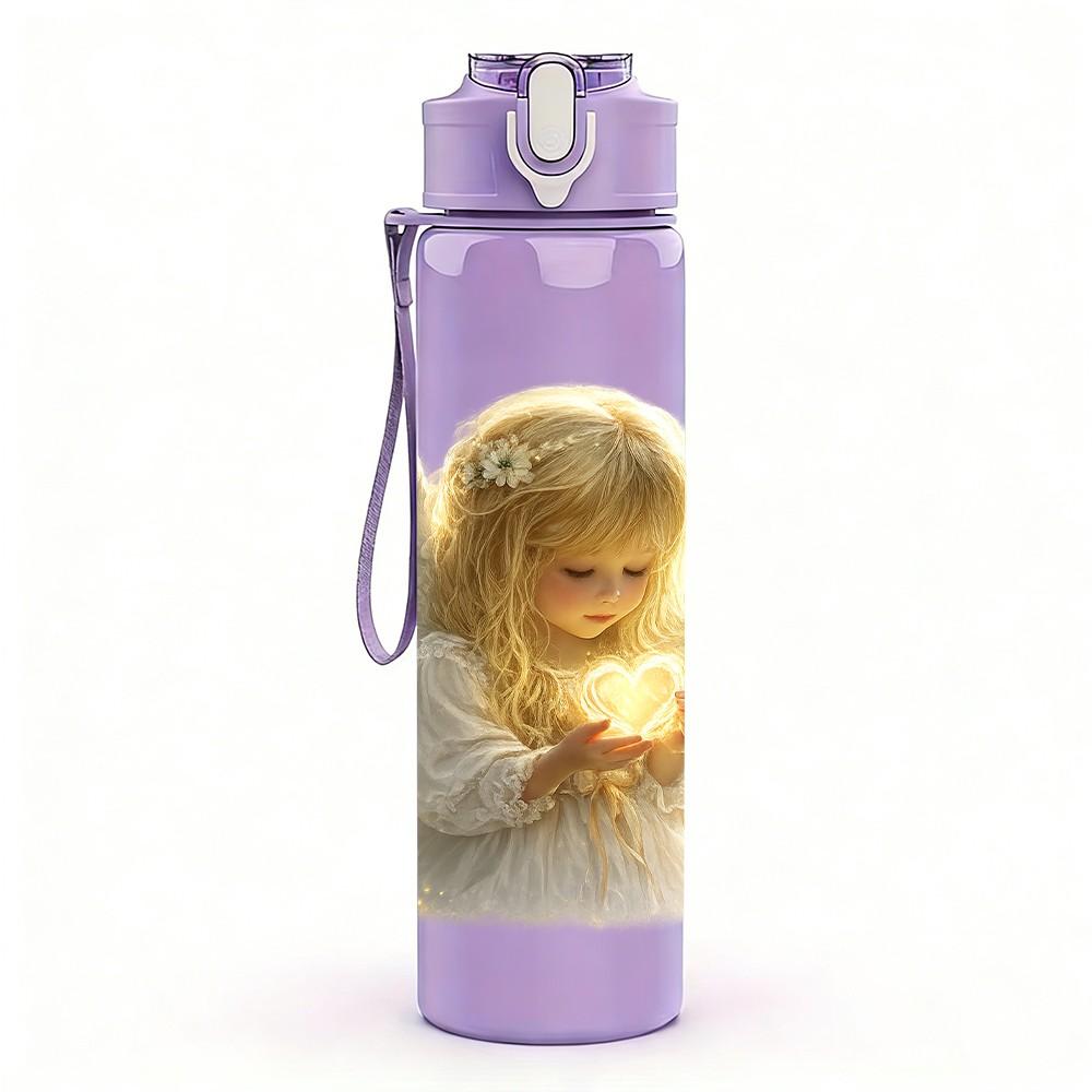1PC Little Angel White Wing Art Print 750ml Color Plastic Sports Water Bottle Leakproof Flip Straw Lid Suitable for Sports Office Home Use