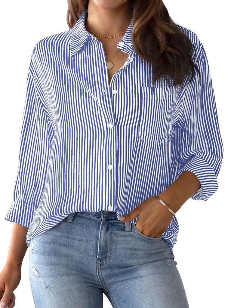 Women's Striped Long Sleeve Collared Button-Down Shirt with Pocket