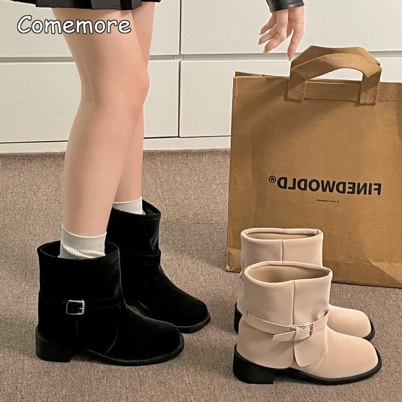 Fashion Autumn Winter Round Toe Women Ankle Boots Fashion Belt Buckle Slip On Square Heels Short Booties Office Ladies Daily Footwear