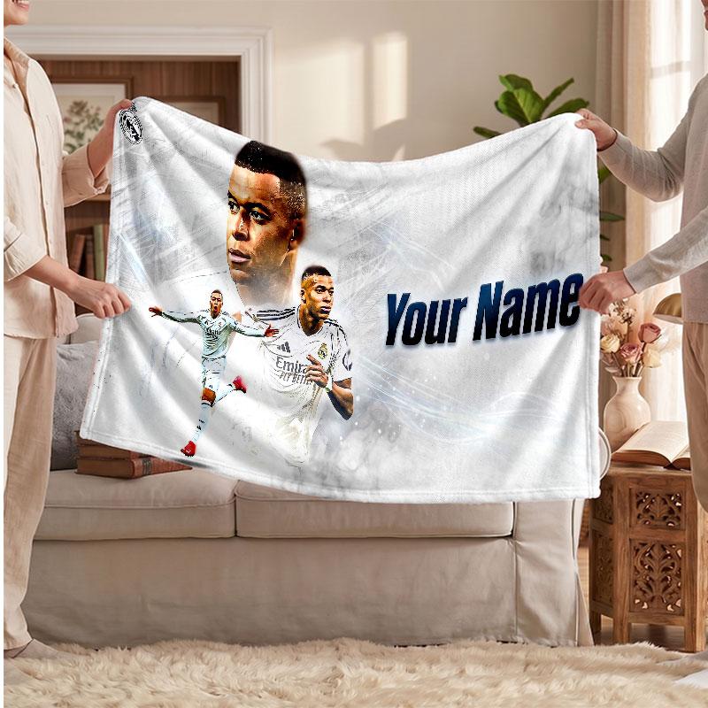 Couverture polaire personnalisée Kylian Mbappe avec logo de football, texte de nom personnalisé, couverture jetée douce et chaude pour la maison