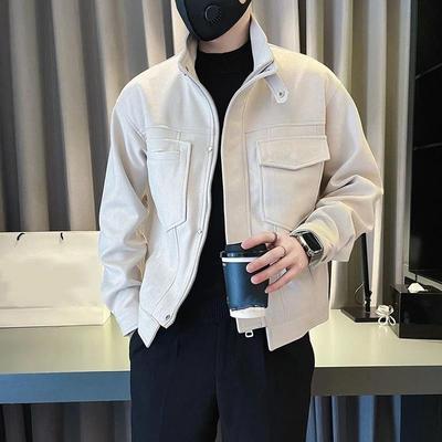 Wildleder Herrenjacke Herbst Winter Trendiger Bad Boy Stil Neu Slim Dick Stehkragen Einfarbig Cargojacke