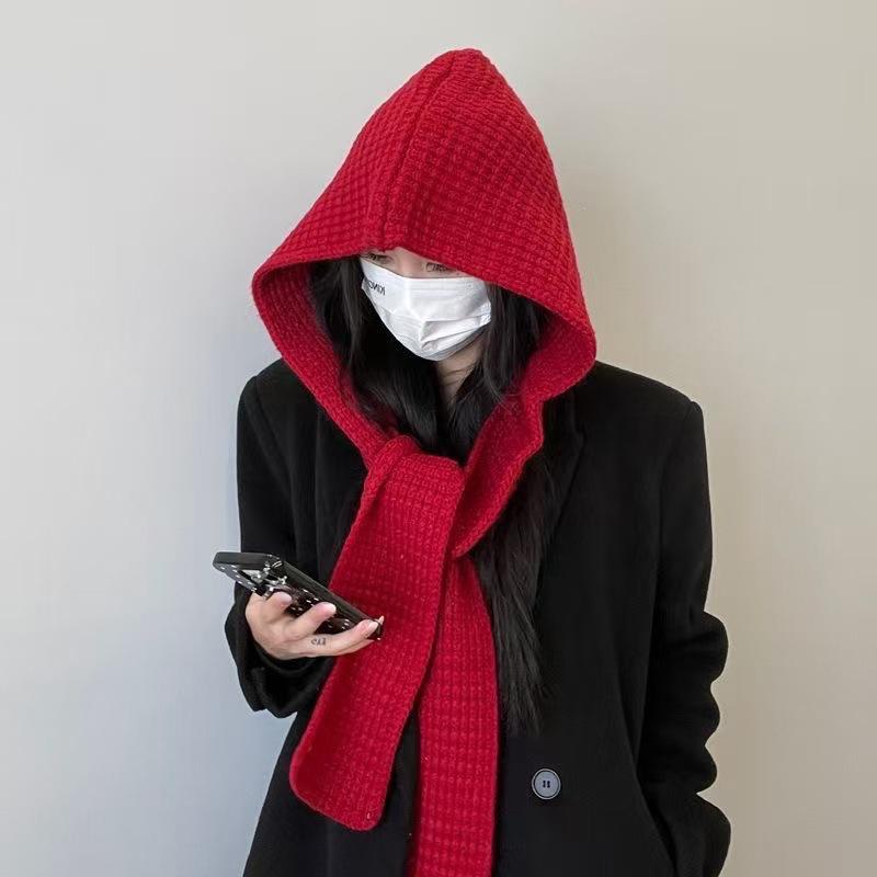 Scarf Integrated Warm Autumn And Winter Hooded Shawl Hat Dual-Purpose Knitted Scarf Wool Hat