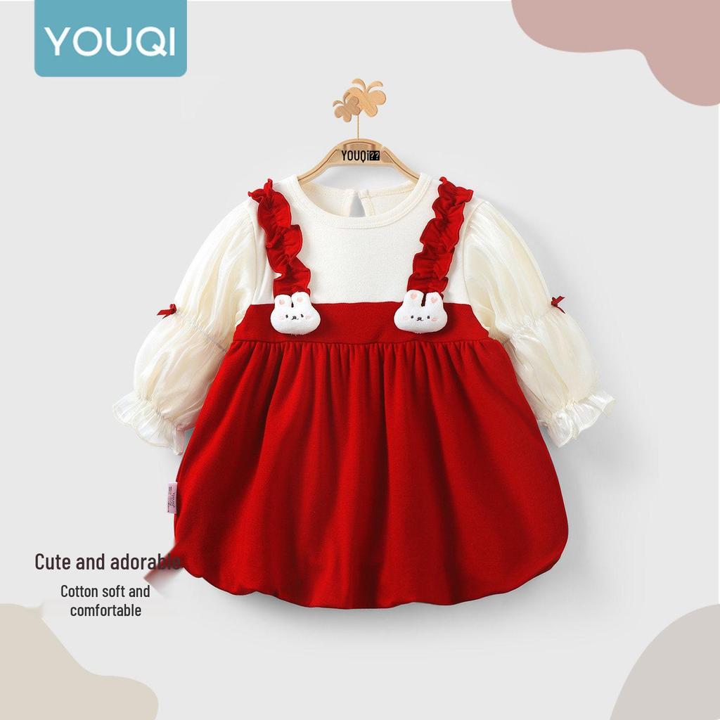 Youqi Red Princess Dress for Baby Girls' 100-Day and First Birthday Autumn Wear