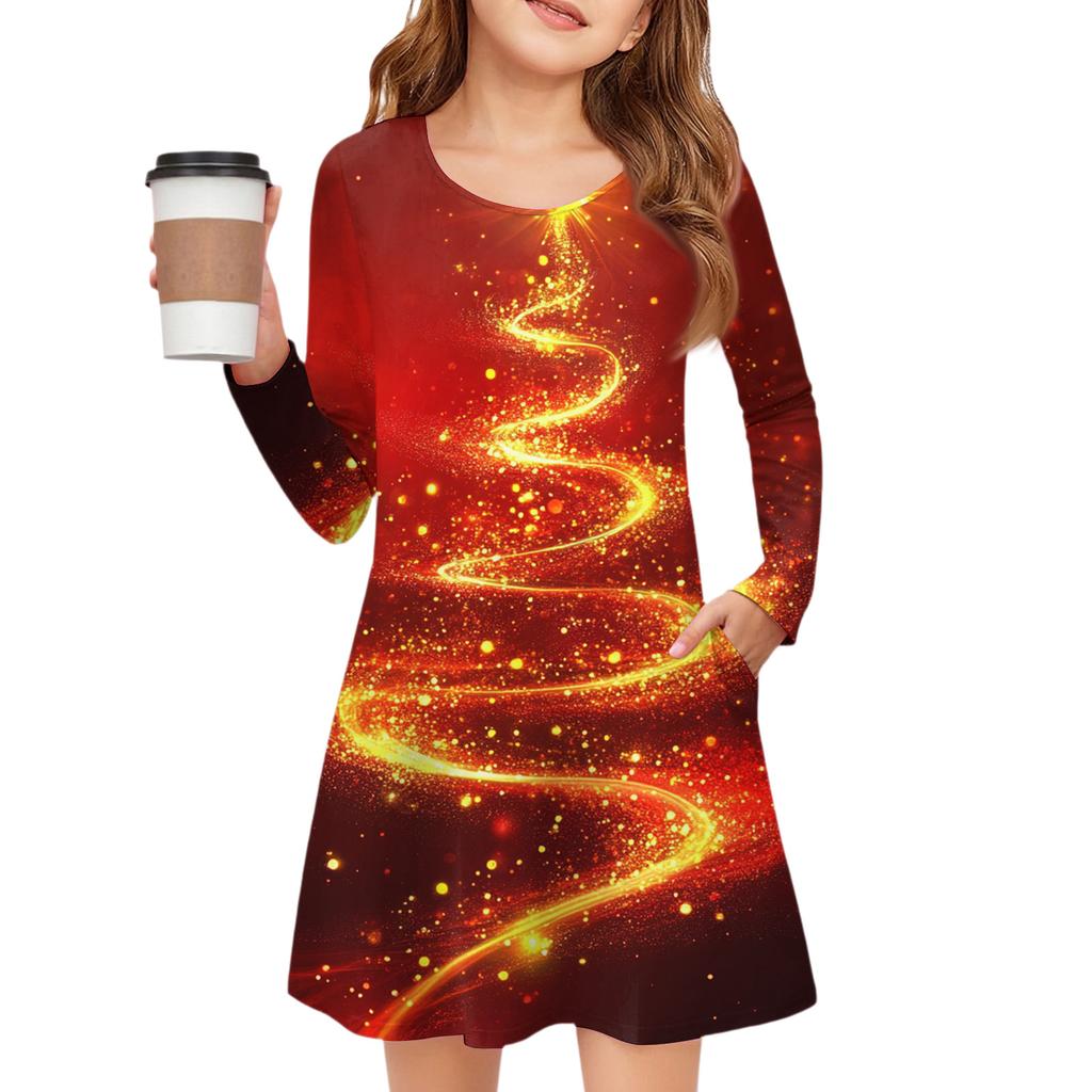 Christmas Day Girls' Long Sleeve Dress - Color Pocket Dress