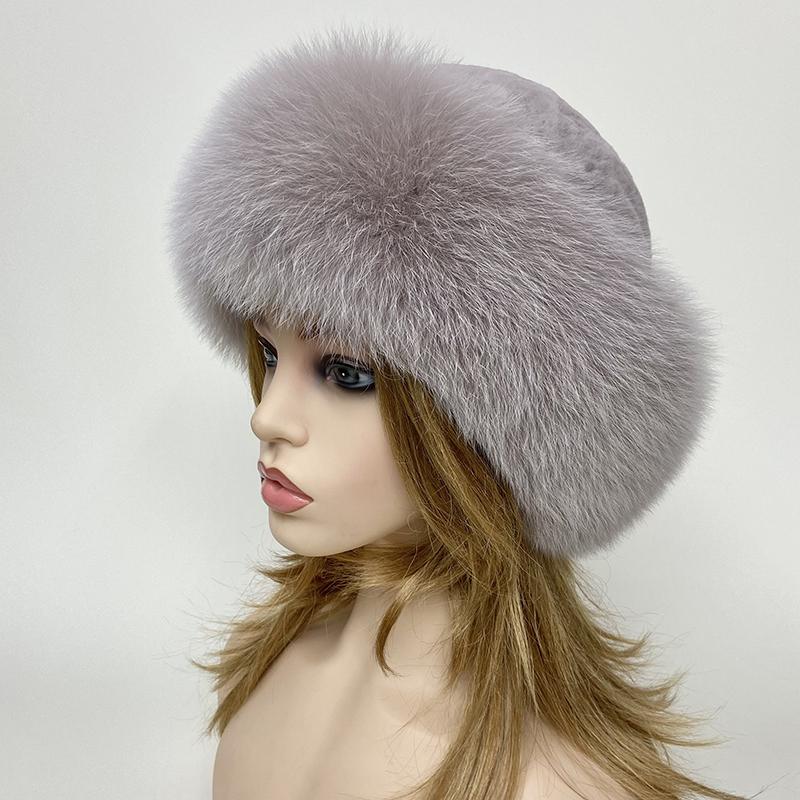 Russian Winter Fur Hat Warm Fluffy Women Round Hat Fluffy Real Fox Rabbit Fur Bucket Hat