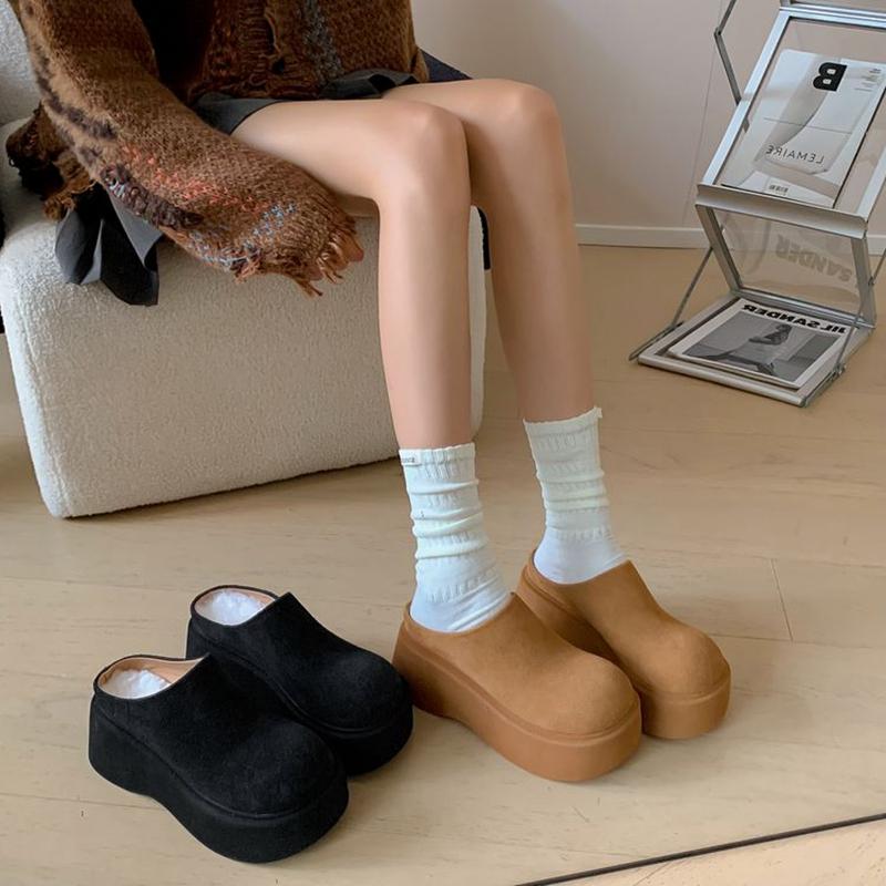 Fashion Women's New Leather Cow Suede Thick Soled Waterproof Platform High Heels, Warm Wool Boken Shoes, Shallow Mouth Mueller Shoes