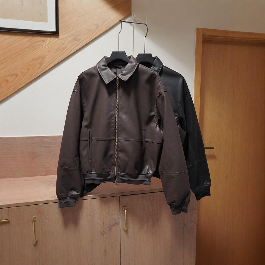 Pingti-European and American men's clothing retro lapel collar black jacket/loose imitation leather jacket brown coat