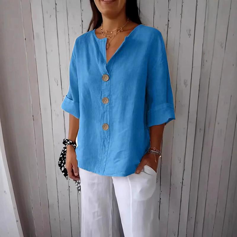 2026 Women's Loose V-Neck Cotton Linen Button Top - Comfortable Casual Summer T-shirt