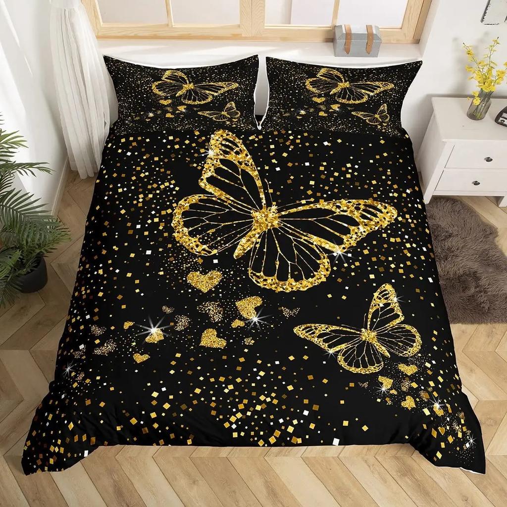 Gold Buterfly Soft Duvet Cover Set Musical Note Beding Set Microfiber Star Warm Comforter Cover Twin Quen for Children Kids Girl Ten Rom Decor
