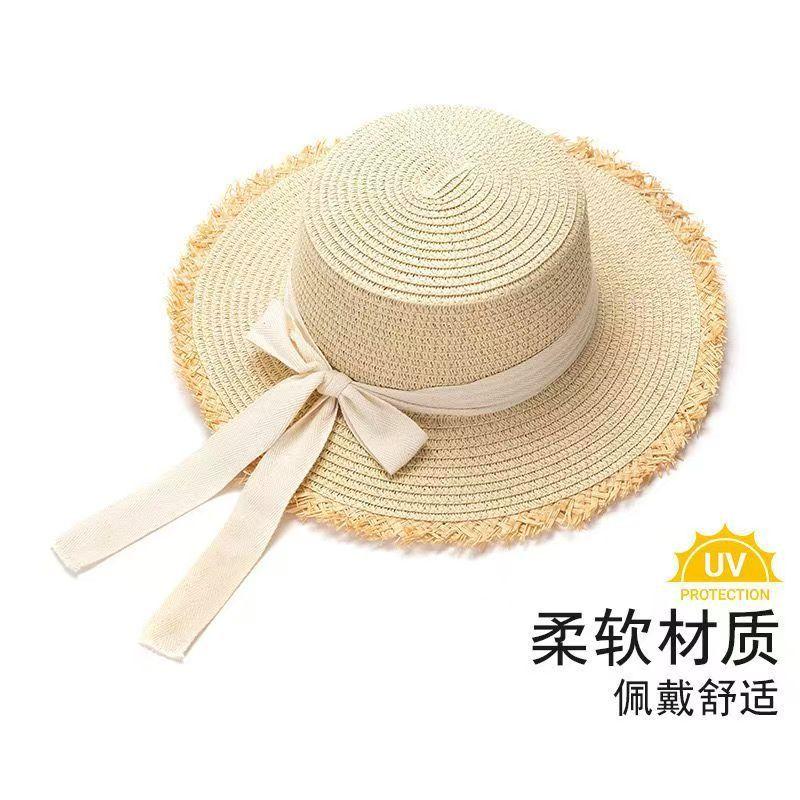 Straw hat seaside beach summer sun hat bow flat top hat sun hat rough edge vacation shade sun protection
