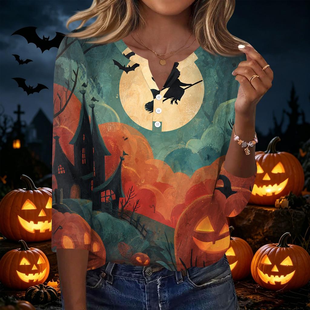 Women's Casual Halloween Print V Neck Button Front Three Quarter Sleeve T Shirt Top Lightweight Soft Fabric Comfortable Fit