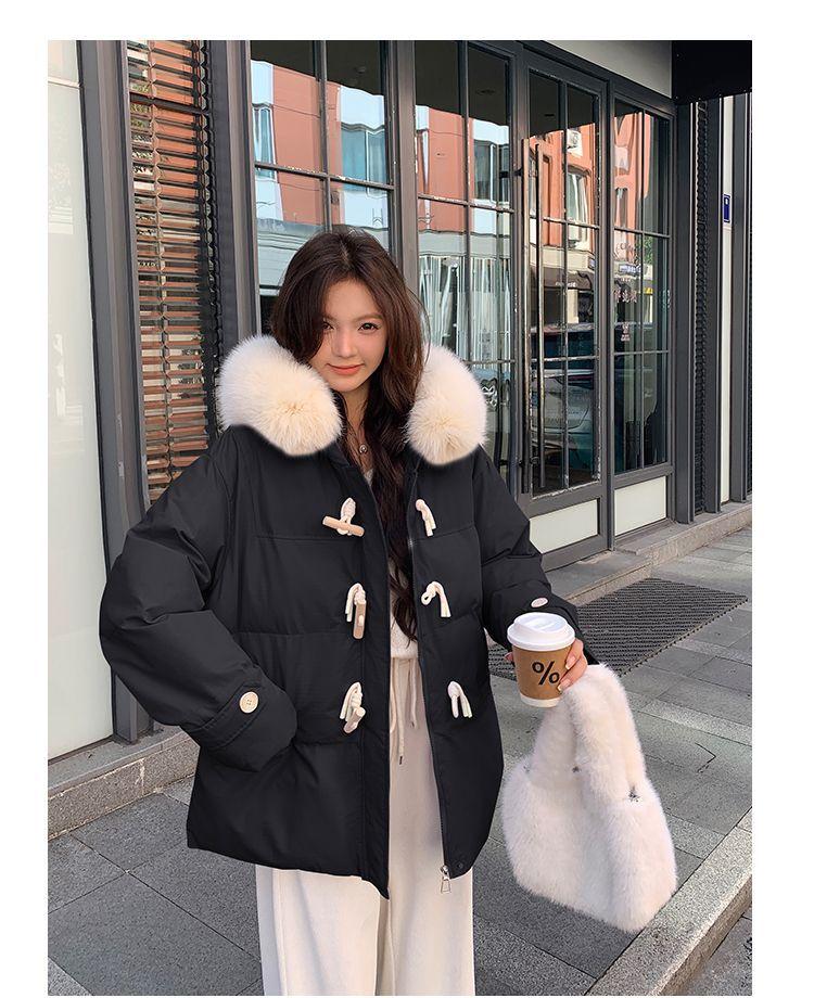 Women's Autumn and Winter Coat Solid Color Horn Button Hooded Fur Collar Loose Thickened Windproof Women's Jacket