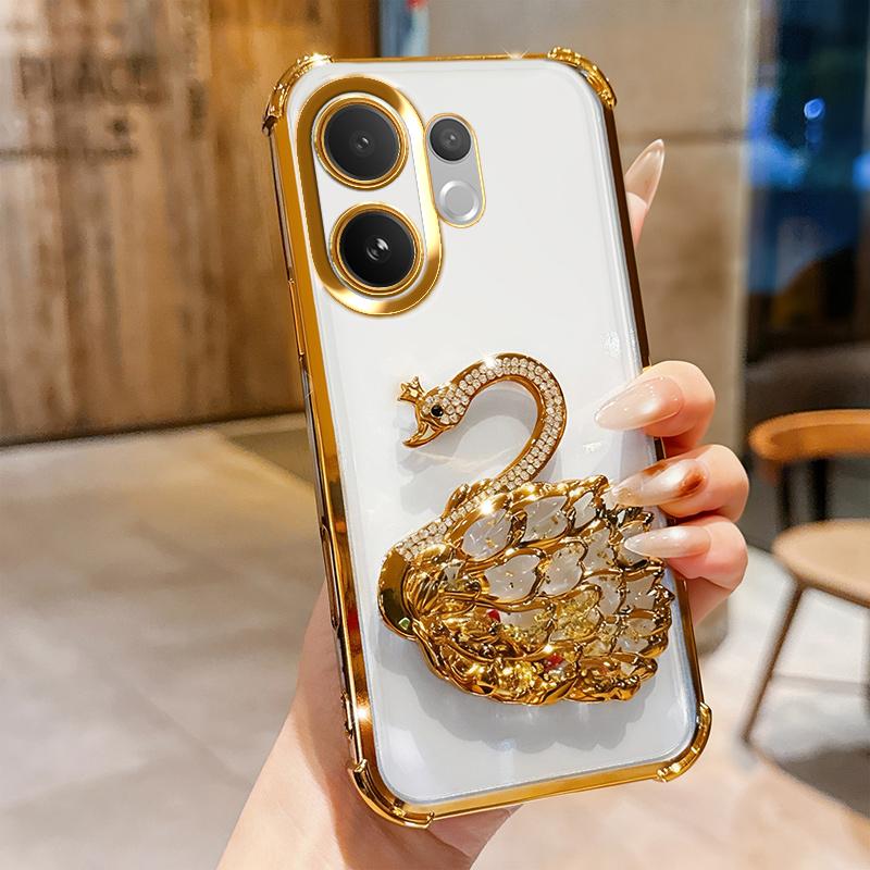 KEYSION Shockproof Plating Phone Case for VIVO V60 5G Clear Soft TPU Glitter Jewelled Swan Kickstand Back Cover for VIVO V60