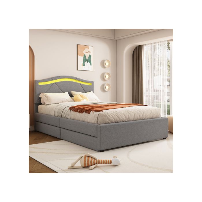 Lit - MUVOE - 90x200cm - Rembourré - Éclairage LED - 2 tiroirs de rangement