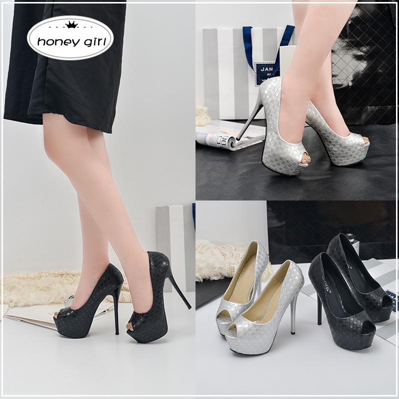 Spring and Autumn Fine Heel Super High Heel Waterproof Table Fish Mouth Women's Shoes Single Shoes Woven Plaid Women's Shoes