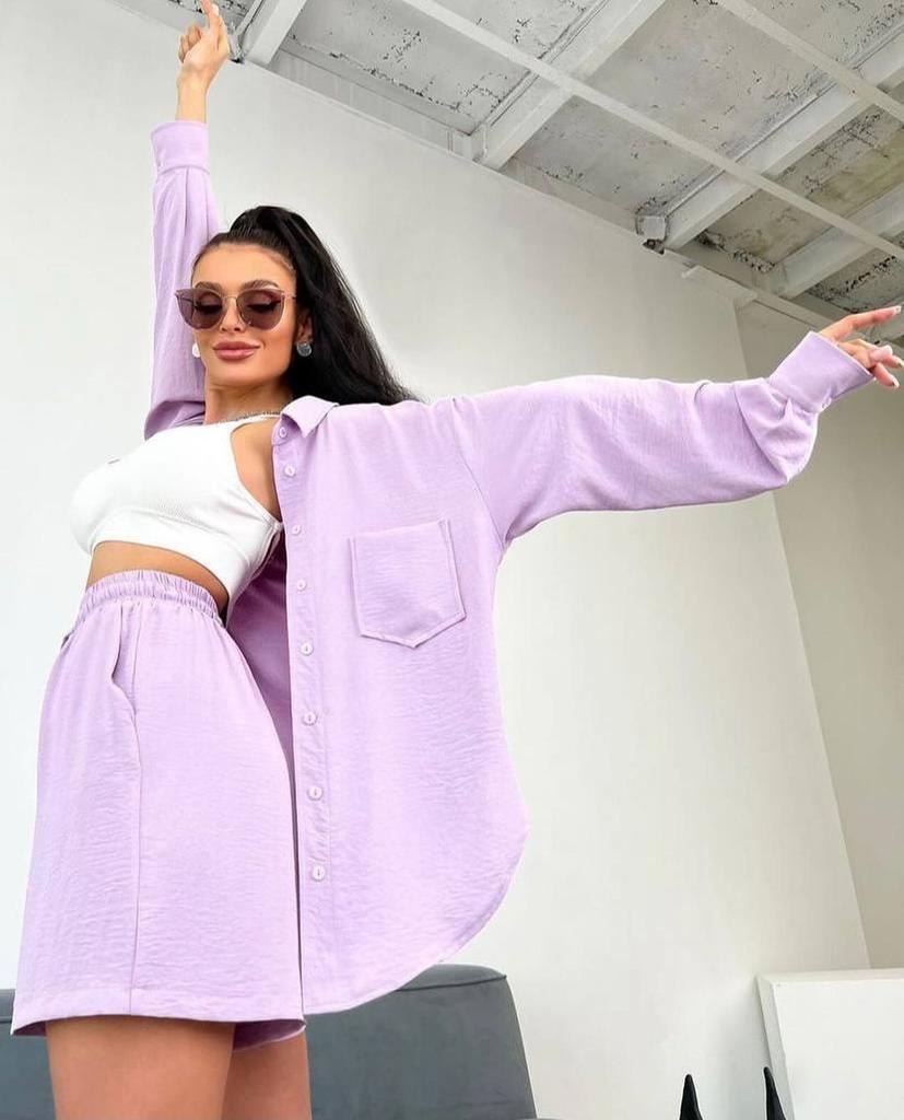 Casual Fashion Solid Color Women's Shirts Puff Sleeves Elegant Tops Shorts Casual Suit