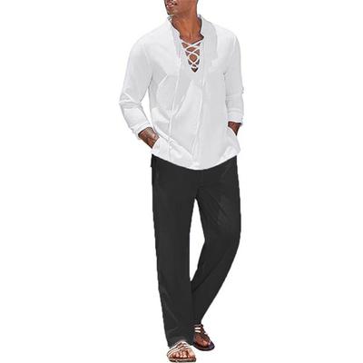 Ensemble 2 pièces chemise et pantalon en coton et lin pour hommes, vêtements de plage, survêtement pour hommes, chemises de couleur unie, pantalons de survêtement légers