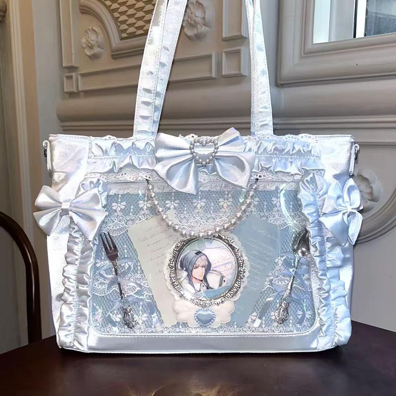 Lolita Style Bow Decor Ita Bag Women Pearl Lace Trim Japanese Transparent Window Shoulder Bag Display Badge Cute Ruffle Handbag