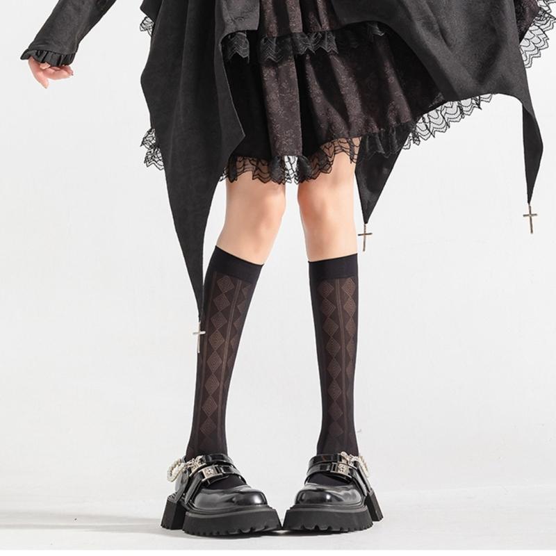 Summer Thin Silk Solid Over the Calf Socks for Womens Japanese Style JK Diamond Striped Pattern Student Long Stockings
