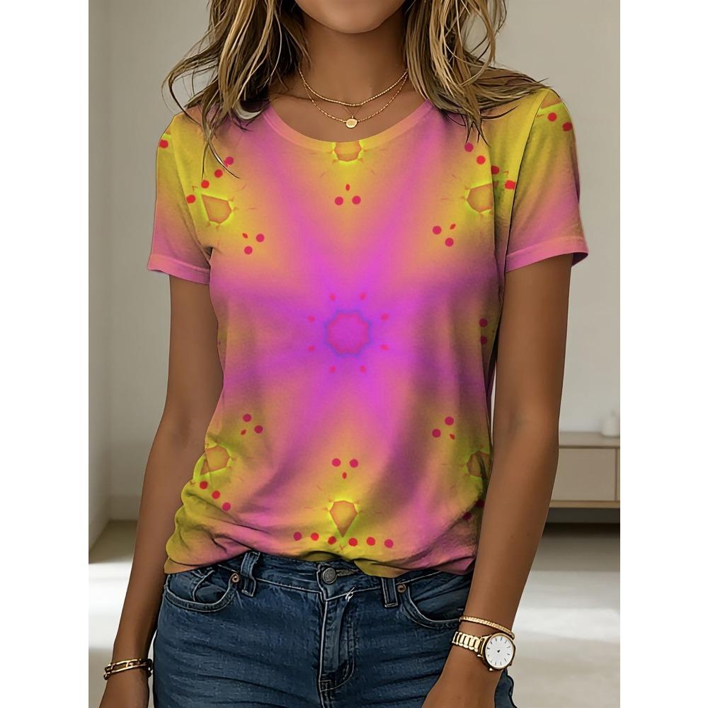 Women s gradient T-shirt, geometric 3D print, regular fit, fashionable and durable in all seasons XXS