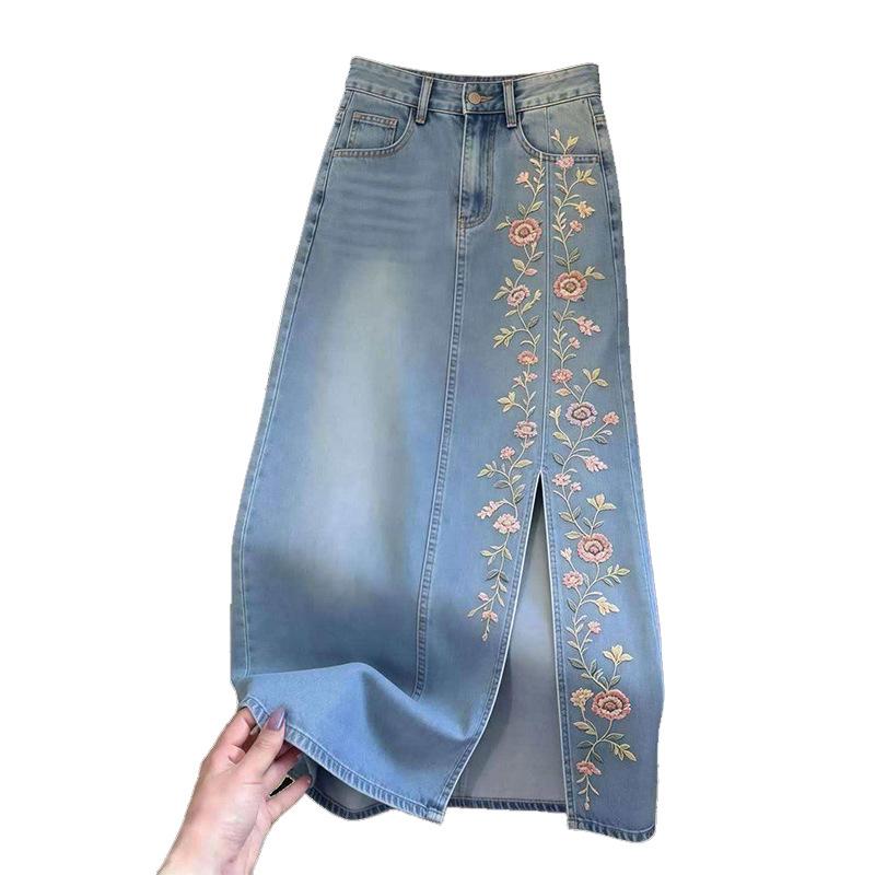 High Sense Medium and Long Summer Blue Embroidery High Waist Thin Denim Skirt Women Soft Drape Vintage Elegant Women Long Skirt