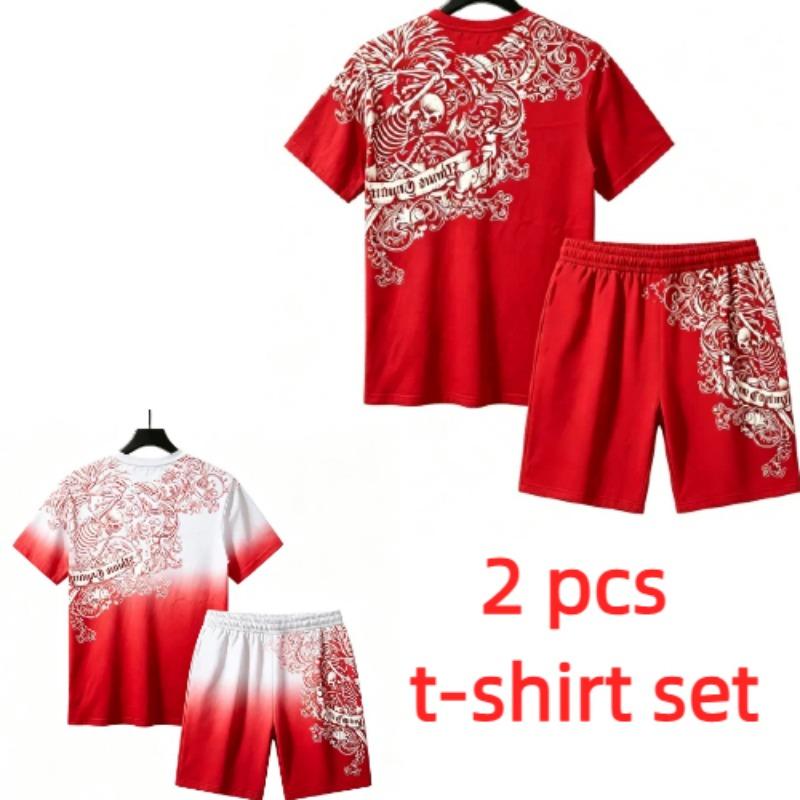Summer European and American Street Kids Short Sleeved T-shirt Shorts Set 3D Letter Skull Print Boy's and Girl's Loose Casual Sports Suit