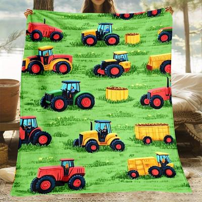 1pc Tractor Farm Vehicles Green Field Flannel Blanket Kids Agricultural Theme Soft Throw For Boys Playroom Decor Gift