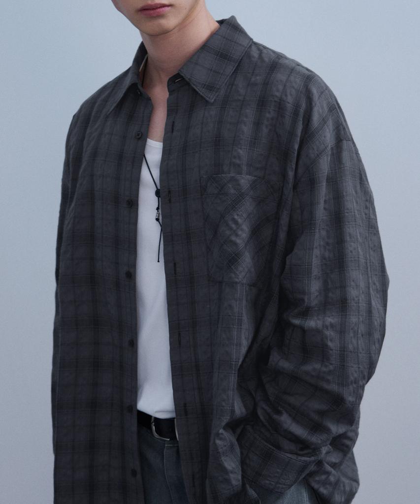 DRAW FIT Seersucker Smoke Check Shirt [Charcoal]
