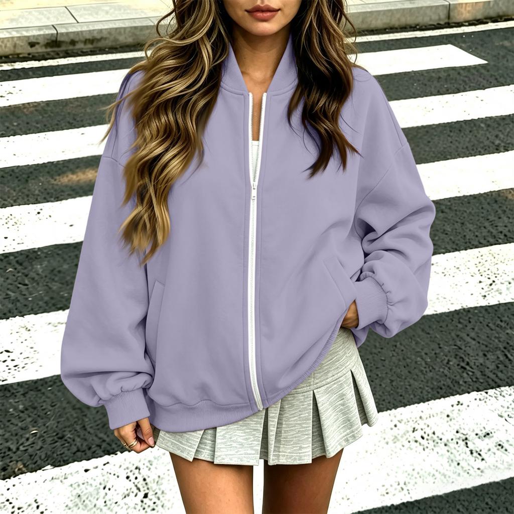 Women's Fashion Zip-Up Jacket with V-Neck Long Sleeve Loose Fit Color