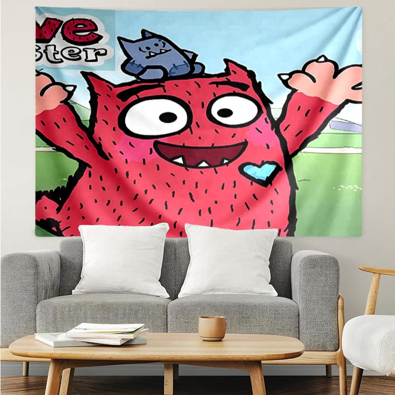 Love Monster Print Tapestry, Backdrop, Easy Setup, Ideal for Bedroom, Office & Living Room, with Aesthetic Wall Hanging Decor.