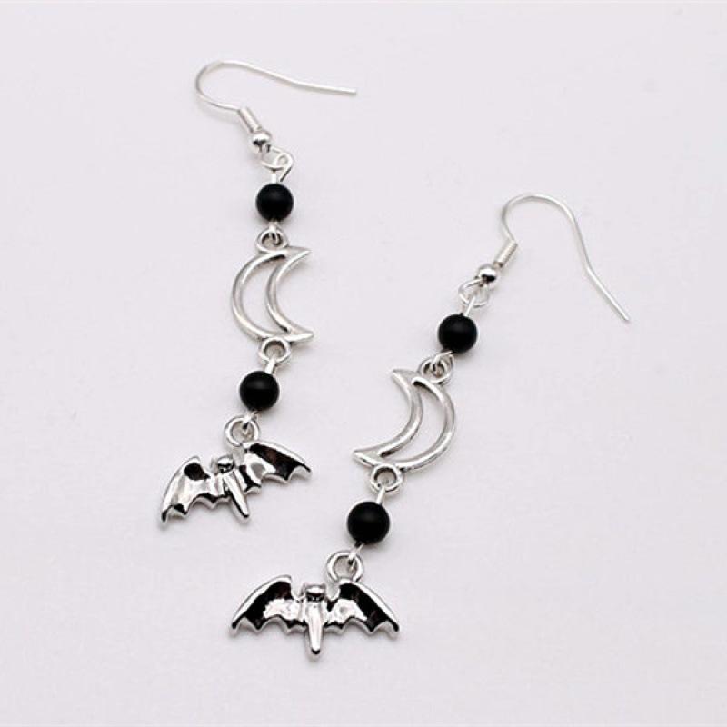 Handmade Gothic Bat Crescent Silver Earrings