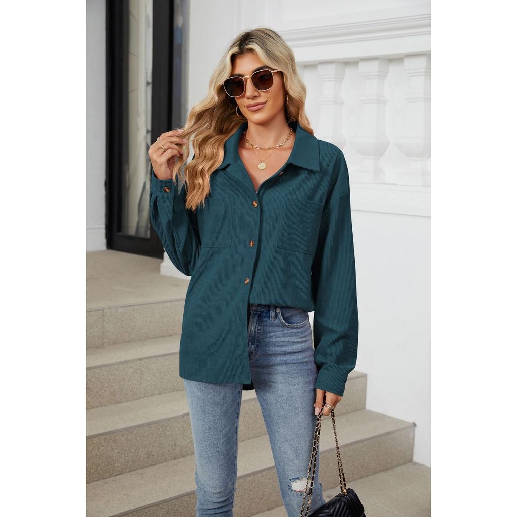 Fall Winter New Corduroy Lapel Long Sleeve Loose Pocket Shirt Jacket For Amazon Europe America Cross-border Foreign Trade