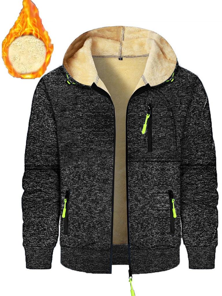 Herbst Neue Herren Freizeit Fleecegefüttert Kapuzen-Reißverschlussjacke Einfarbig Warm Sportbekleidung Herrenmode Oberbekleidung