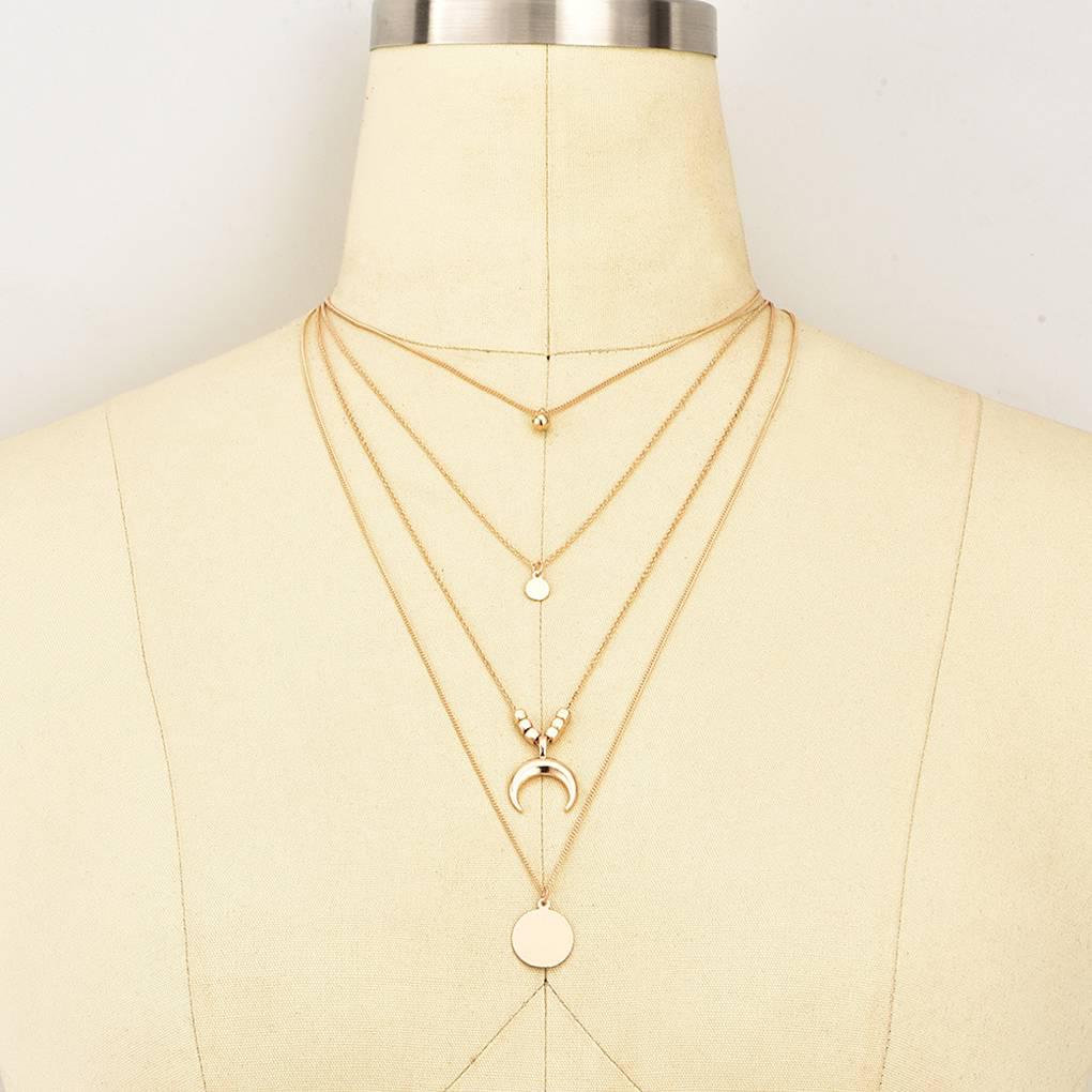 Retro Women Gold Layered Necklaces Personalized Girl Simple Style Long Pendant Chain Bohemian Geometric Choker Set