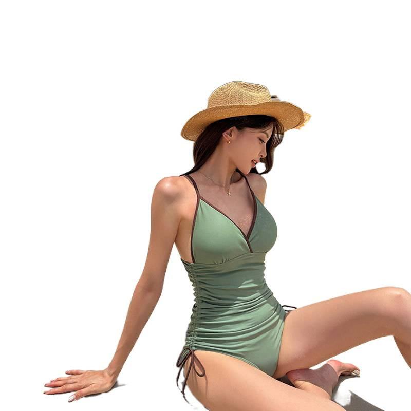 One-piece triangular swimsuit women's simple solid color summer new sexy deep V backless hot spring swimsuit