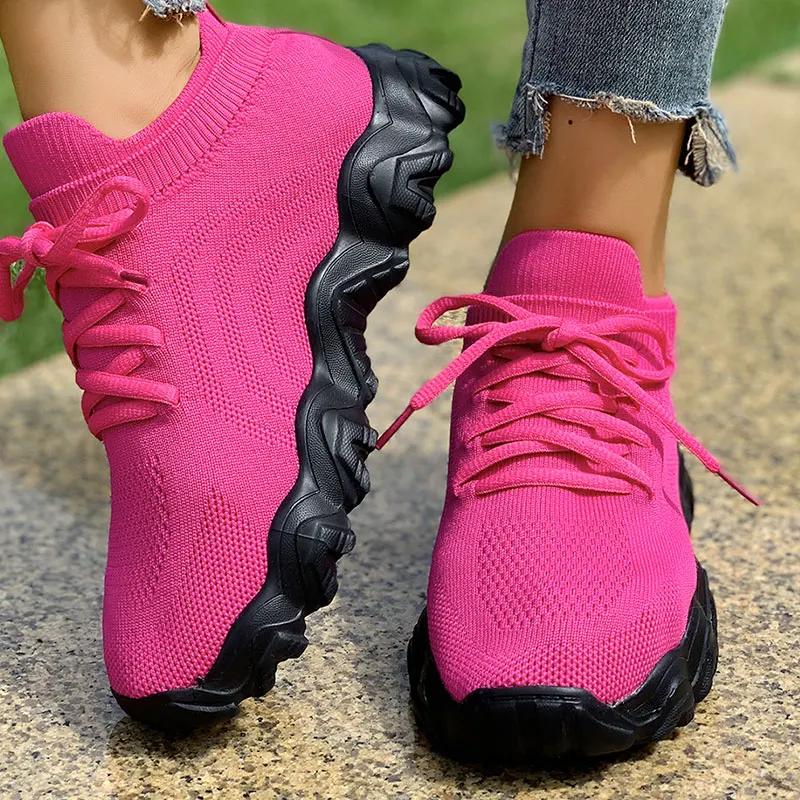 Fashion Rose Red Mesh Flat Vulcanize Shoes Women Summer Comfort Breathable Soft Sole Sneakers Plus Size Thick Sole Non Slip Casual Shoes