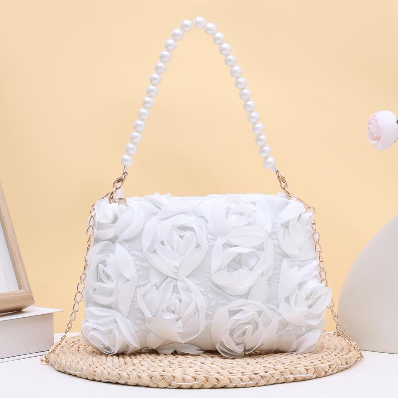 Elegant Women 3D Rose Floral Shoulder Bag Romantic Flower Pattern Pearl Handle Detachable Chain for Prom Graduation