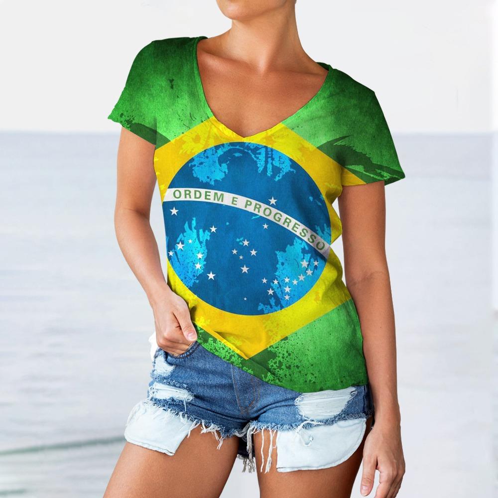 

Жіночі футболки з V-подібним вирізом з принтом прапора Бразилії, повсякденна жіноча футболка з коротким рукавом, оверсайз пуловер, топи, футболки, жіночий одяг M