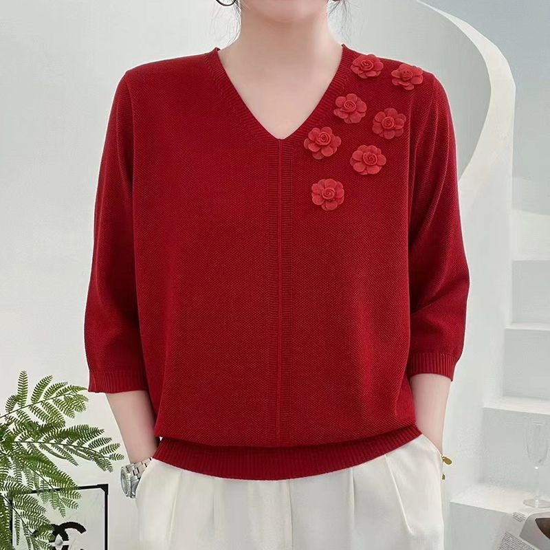 Spring Summer Women's Thin V-Neck Sweater 3D Flower Loose Fit Three-Quarter Sleeve Plus Size Sweater Solid Color Pullover Ice Silk Knit Top