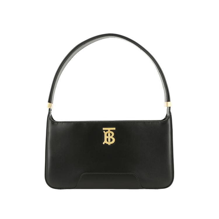 Burberry Black Leather TB Monogram Hobo Shoulder Bag With Gold Hardware For Daily Use