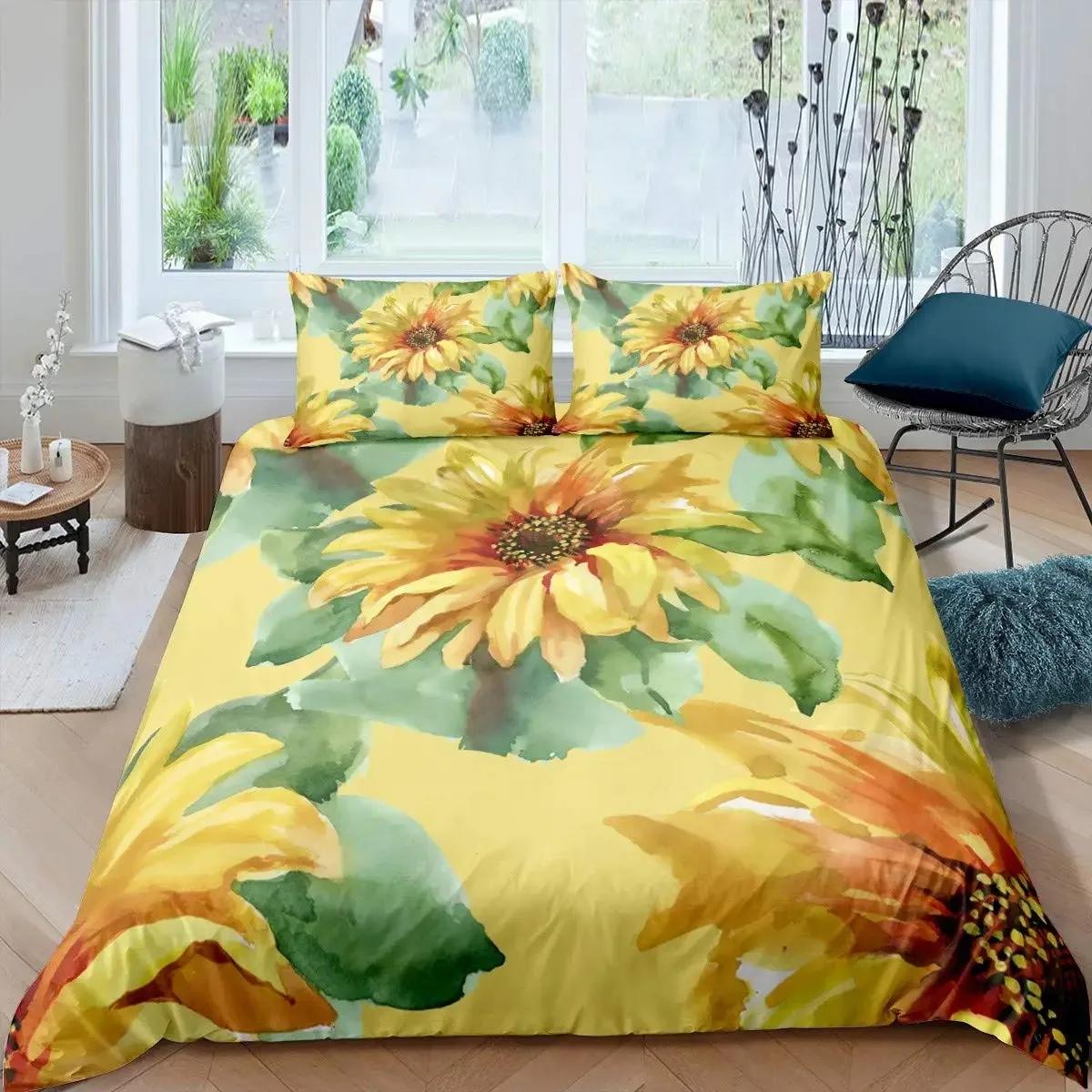 

Пододеяльник с изображением подсолнухов Комплект постельного белья с принтом цветущих подсолнухов для детей Современный чехол из микрофибры с масляной живописью 70x133cm 2pcs