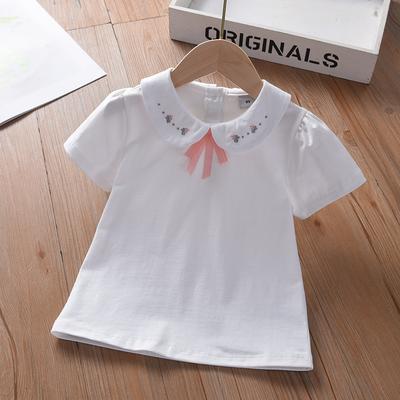 Kinderhemd Bestickter Peter-Pan-Kragen Rosa Schleife Kurzarm Sommerkleidung für Alter 3-6 Mädchen