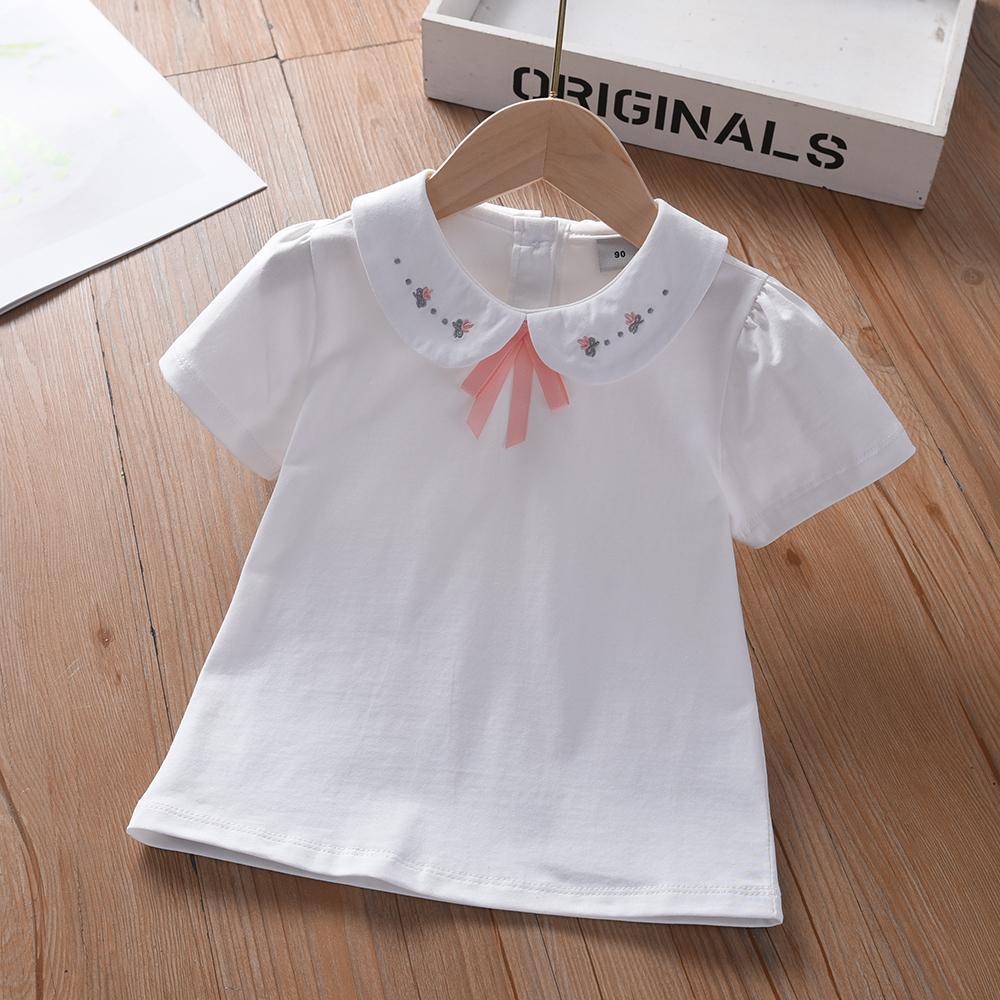 

Детская рубашка с вышивкой, воротником Питер Пэн, розовым бантом, коротким рукавом, летняя одежда для девочек 3-6 лет 130 белый